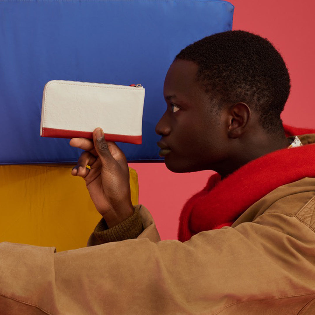 ＜ヌメリ＞ソッティ バイカラー L字長財布/ホワイト×レッド